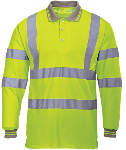 MyShoeStore Hi Viz Vis High Visibility Polo Shirt Reflective Tape Safety Security Work Button T-Shirt Breathable Top Lightweight Double Tape Workwear Plus Big Size X-Large - Yellow / Long Sleeve