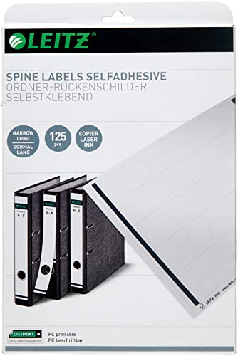 Leitz PC-beschriftbare Rückenschilder selbstklebend für Standard- und Hartpappe-Ordner, 125 Stück, Langes und schmales Format, 39 x 285 mm, Papier, grau, 16880085
