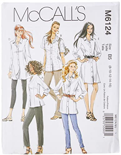 McCall's Patterns M6124 Size B5 8-10-12-14-16 Misses'/ Miss Petite/ Women's/ Women's Petite Shirts in 3 Lengths, Pack of 1, White