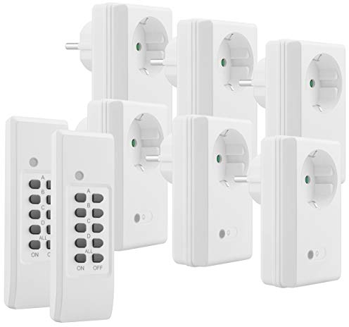 Mumbi - Funksteckdose für den Innenbereich, 6 ferngesteuerte Steckdosen und 2 Fernbedienungen, 4 Kanäle, 1100 W, weiß ZA-UZ- Mumbi -6FSD-FS600, Stecker Typ F, nicht kompatibel mit Stecker Typ E