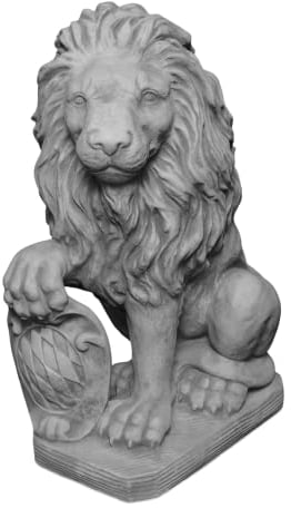 gartendekoparadies.de Löwe mit Schild rechts, Steinfigur, H. 54 cm, 40 kg, Grau, frostsicher aus Steinguss für Außenbereich