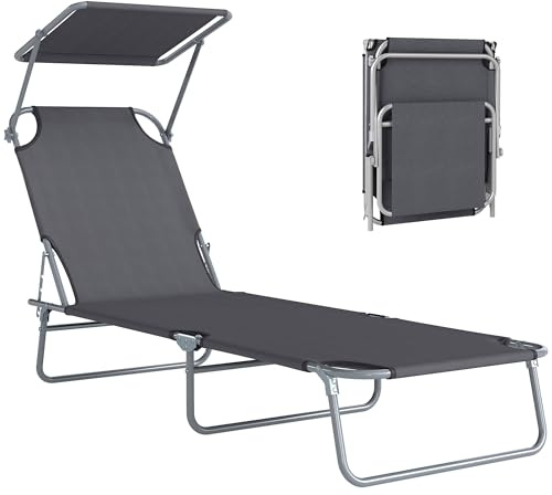 Outsunny Folding Sun Lounger with Canopy, Portable Grey
