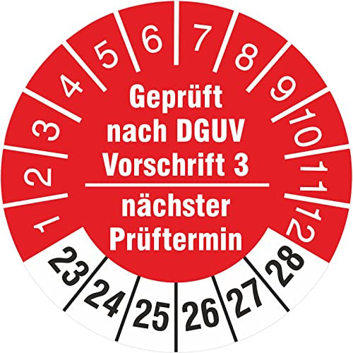500 Stück Prüfplaketten 30 mm geprüft nach DGUV Vorschrift 3 nächster Prüftermin 2023-2028 Prüfetiketten Rollenware stark haftend