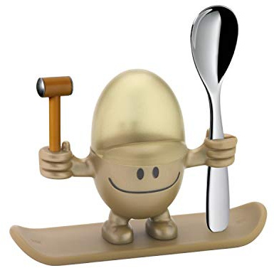 WMF McEgg Eierbecher mit Löffel, lustiger Eierbecher Kinder, Kunststoff, Cromargan Edelstahl poliert, spülmaschinengeeignet, gold