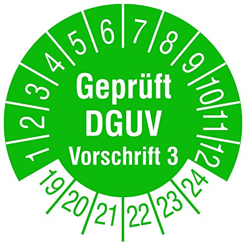 TE-Office 500 Stück DGUV 3 Prüfplaketten Aufkleber 19-24 Geprüft DGUV Vorschrift 3 grün Rolle 1-bahnig 30 mm Durchmesser laminiert abriebfest