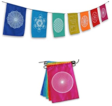 Sacred Geometry Rainbow Prayer Flags Positive Energy Shri Yantra, Flower of Life, Seed of Life, (9X12 Multi)