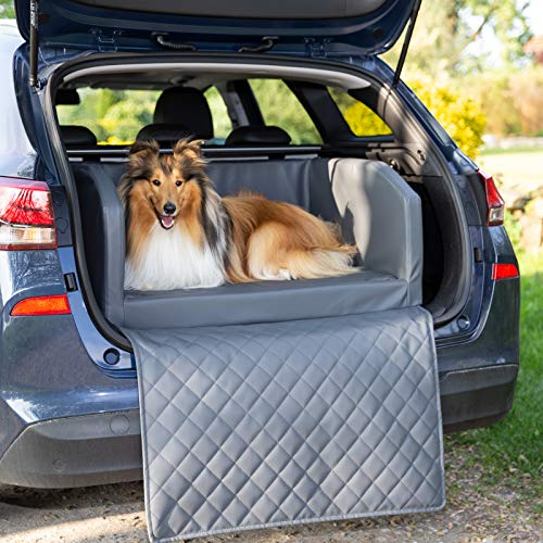 CopcoPet - Travel Bed Hundebett für Kofferraum Auto 90x55x38cm Kunstleder - Kofferraumschutz Wasserabweisend Kratzfest rutschfest - Robust mit Schutzdecke - Reisebett Hund Grau Transportbett