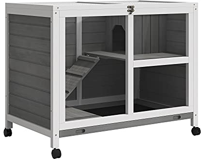 PawHut Rabbit Hutch with Wheels, Desk and Side Table Sized, Wooden Rabbit Cage, Waterproof Small Bunny Cage with Removable Tray, Openable Roof, for Indoor & Outdoor, Gray