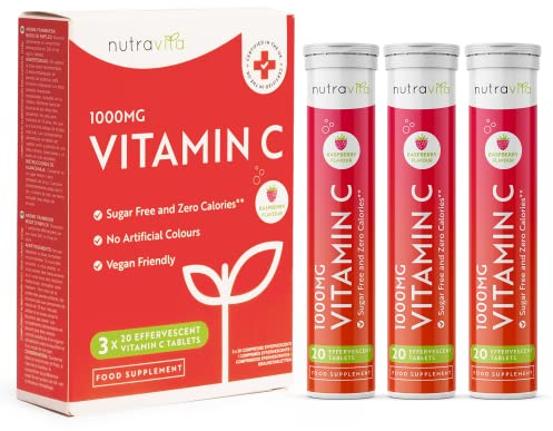 Vitamin C Effervescent Tablets 1000 mg - 3X Tubes of 20 Effervescent Vitamin C Tablets - Vegan, Sugar Free and Zero Calories - Natural Raspberry Flavour - Made in The UK by Nutravita