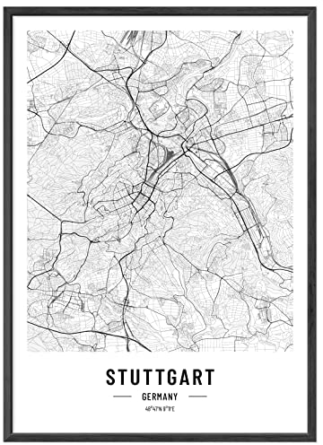 JUNOMI® Stuttgart Poster DIN A2 Schwarz Weiss, DIN A2 Wohnzimmer Deko, Modernes Wandbild, Stuttgart Bild, Wandbild ohne Rahmen, Stadtplan Poster