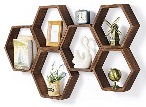 Hexagon Floating Shelves Set of 6 Farmhouse Honeycomb Wall Storage Shelf Wood Display Hexagonal Shelves Wall Mounted Hanging Rustic Shelf Racks for Bedroom Living Room Hallway Office Decor, Brown