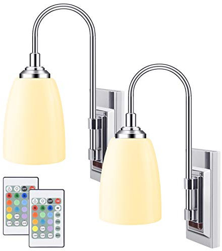 HONWELL LED Wall Light, Battery Operated Wall Lamp, Indoor Wall Sconce with 12 Color Changing, 3000K Warm White LED Wall Lighting for Living Room, Bedroom, Hallway, Staircase, 2 Pieces, Silver