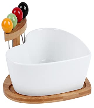 MEETOZ Heart Shaped Ceramic Bowl With Base for Salad, Dessert, Snacks - Includes 4 Fruit Forks, Serving Plate - Kitchen Gift Decorative Bowl