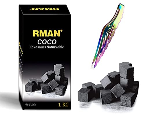RMAN® 1KG Shisha Kohle Premium Naturkohle Kokosnuss und BBQ 96 Würfel Hochwertige Kokoskohle Briketts für Wasserpfeife Grill - Shisha Würfel Kohlen Holzkohle mit Langer Brenndauer