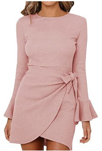 MICKURY Strandkleid Musselinkleid Flamenco Kleid Prinzessin Kleid Abendkleid Mit Taschen Modisches Langärmliges Schlankes Elegantes Karokleid Für Damen Mit Rüschen Rosa-B XL