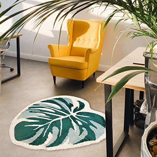 THRILRUG 70×92cm Badezimmerteppich Grün groß,badvorleger Monstera Blattfläche getuftete Teppiche,rutschfeste Badematte kinder,ultraweich,waschbar,für Kinder,Pflanzenblätter,Bodenmatte für Schlafzimmer