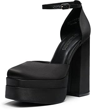 DREAM PAIRS Women’s High Chunky Platform Closed Toe Block Heels Square Toe Ankle Strap Dress Wedding Party Pumps Shoes SDPU2319W,Size 8,Black-Satin,SDPU2319W