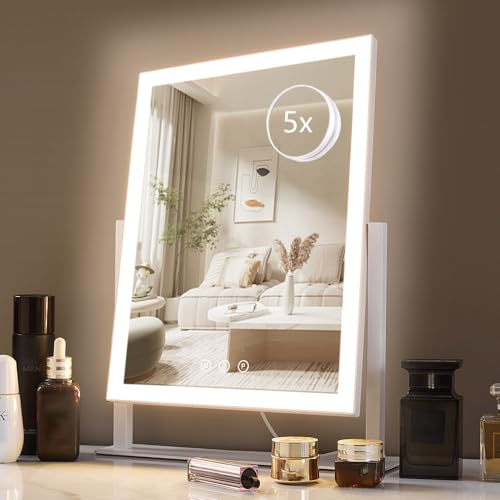 HIEEY Lighted Makeup Mirror, 17.3 x 13 Hollywood Vanity Mirror with Lights, Three Color Lighting Modes, and 5X Magnification Mirror, Smart Touch Control, 360°Rotation (White,Gift Box)