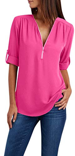 Bouton vêtements Femmes Manches Chemise Longue lâche Dames en Mousseline de Soie Fermeture éclair Grande Taille Hauts Blouse Lycée Tee Shirt Homme Sieste