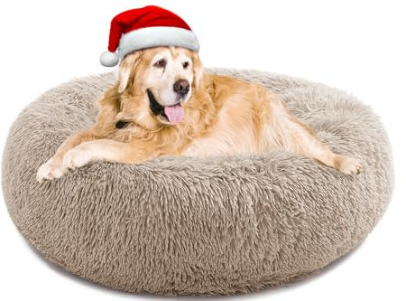 YOJOGEE Calming Donut Dog Bed for Large Dogs, XL Dog Beds Fluffy Extra Large Washable Non-Slip Anti Anxiety Plush Cuddler Round Faux Fur Pet Bed
