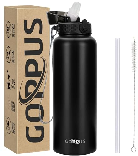 GOPPUS 1.2L/40oz Edelstahl Wasserflasche mit Strohhalm 1.2 Liter Heiße Thermosflasche Doppelwandige Stahl Wasserflaschen Isolierte Wasserflaschen Auslaufsichere Kalte Wasserflasche Erwachsene Flip Top