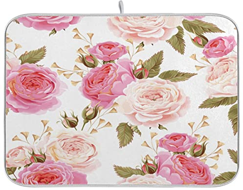 Tapete de secado de platos de cocina, absorbente con aislamiento de agua, almohadilla protectora para vajilla, tapete para máquina de café, 16 x 18 pulgadas, rosas inglesas sin costuras