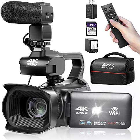 OIEXI 4K UHD Camcorder with 18X Digital Zoom, 64MP Digital Camera Recorder, 4 Rotatable Touchscreen, 64GB SD Card, Microphone, Remote Control, Durable Battery