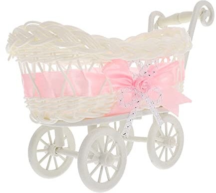 Vaguelly Party Woven Baskets for Mini Baby Dolls Bath Baby Mini Shopping Doll Stroller Vintage Wicker Pram Desktop Shopping Cart Planter Pink Pulley Pen Holder