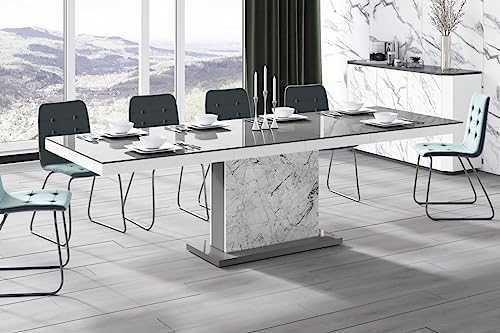 Design Esstisch Tisch HME-111 Hochglanz ausziehbar 160 bis 256 cm, Farbe:Grau Hochglanz - Marmoroptik Hochglanz