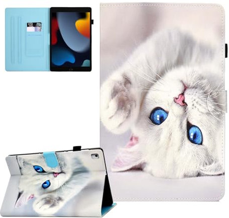 Funda para iPad 10,2 Pulgadas 9.ª/8.ª/ 7.ª Generación 2021/2020/2019 Modelo, Protectora Carcasa Cover para iPad 9/8/ 7 Generación con Auto-Sueño/Estela para iPad 9a/8a/7a Gen 10.2, Gato Blanco