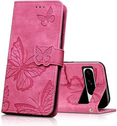 CXTCASE Cover per Google Pixel 8 Pro, Custodia a Libro in Pelle PU Portafoglio Protettiva, Flip Caso Rosa Rossa