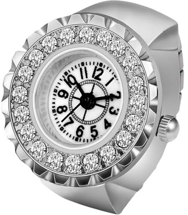 Silverora Fingeruhr Ringuhr Damen Elastische: Strass Volldiamant Analog Quarz Uhrenring Verstellbar Ring Uhren mit Arabische Ziffern Genschenke für Frauen Mädchen Silber