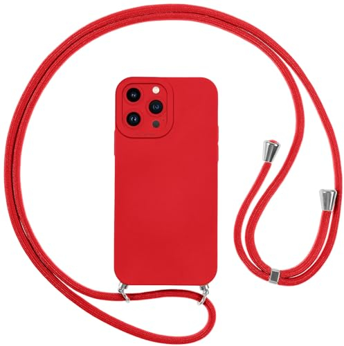 Vauki Coque pour iPhone 13 Pro Max avec Cordon, Etui avec Collier - Tour de Cou Lanière en Corde - Silicone Housse avec Réglable Chaine pour iPhone 13Pro Max, Bandouliere - Rouge