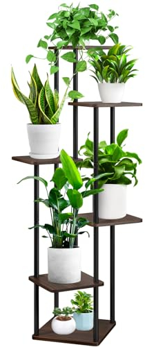 YOCOMEY 6-Tier Hölzern Blumenregal Pflanzenregal, Mehrstöckig Blumenständer Pflanzenständer Blumenbank Blumentreppe Pflanzentreppe Standregal für Innen Garten Balkon Deko(Schwarz Eiche)
