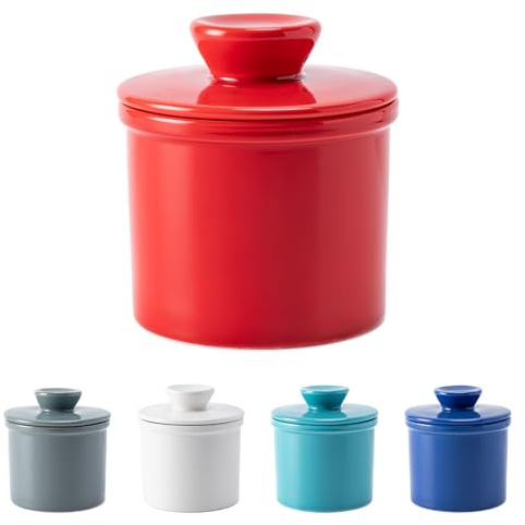 Husfunov Butter Crock with Water Line for Countertop, French Butter Dish with Lid, Ceramic Butter Keeper for Fresh Spreadable Butter, Butter Container Holder for Kitchen and Home Decor, Red