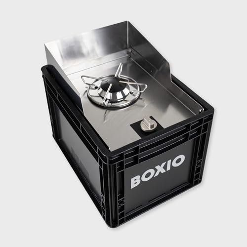 BOXIO - COOK: Edelstahl All-in-One Campingkocher mit Stauraum & Windschutz, Gaskartuschen Campingkocher für Camping, Outdoor, Vanlife & als Kartuschenkocher im mobilen Verkaufsstand auf dem Markt