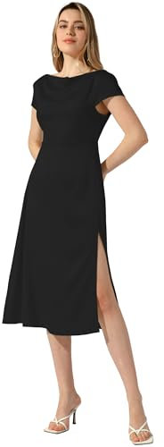 Allegra K Robe en Satin pour Femme Col Bénitier Manches Cape Dos Nu Fente Torsadée Robe de Cocktail mi-Longue Noir L