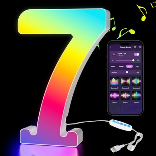 Kangtaixin LED Zahlen Lampe 0-9, Leuchtzahlen Geburtstagsdeko mit USB-Netzteil, APP-Kontrolle, Dimmbar, Dekoration für Bar Mitzvah, Weihnachten Deko, Neujahr, Hochzeit Party Valentinstag - Zahlen 7