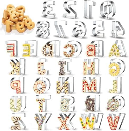 Tagliabiscotti lettere in acciaio inox, formine per biscotti lettere e numeri, formine per biscotti in acciaio inox, tagliabiscotti, per decorare torte pasquali con biscotti, 36 pezzi.