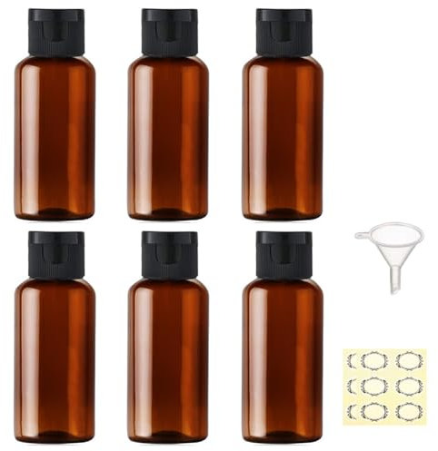 JamHooDirect 6PCS 50ml Plastic Travel Bottles with Flip Cap Empty Squeeze Bottles Refillable Travel Container with Funnel & Labels TSA Approved for Liquids Lotion Toiletries Cosmetic(Brown)