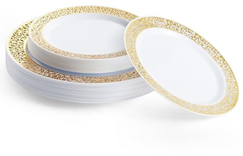 MATANA 80 Premium White Plastic Dinnerware - 40 26cm Dinner Plates, 40 19cm Side Plates with Gold Lace Rim - Elegant & Reusable for Weddings, Birthdays, Catering, Parties