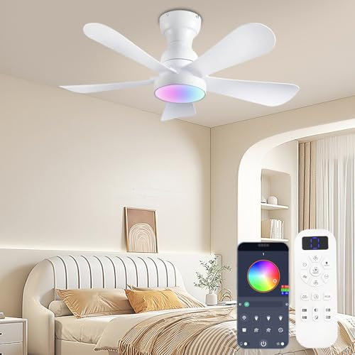 NKPU 36 Ceiling Fan with Lights and Remote Control/App Ceiling Fan with Reversible DC Motor, RGB Light, Dimmable, Quiet, Modern White