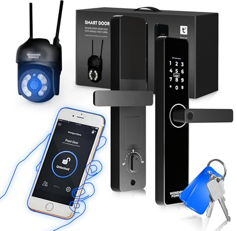 Cerradura inteligente de mortaja con cámara WiFi, kit de instalación, cerradura digital de puerta de entrada sin llave con juego de asa, tarjeta, teclado, huella dactilar, código de acceso, cerraduras