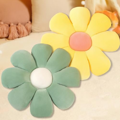 Blume Plüsch Kissen Bodenkissen, 2 Stück Blumenbodenkissen Sitzkissen, Kissen Blume, Kissen Blumenform, Plüsch Sofakissen Kuschelkissen, für Kinderzimmer Hause Sofa Dekoration, 40cm x 40 cm(gelb+grün)