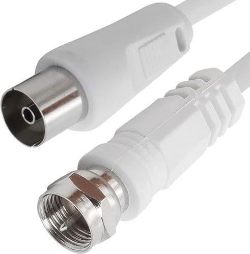 TECHZOCO Cable Antena-satelite, Cable TV Sat 75 Ohm, Conector RF coaxial Hembra a Conector Tipo F Macho, Sat Freesat Sky Virgin BT TV HDTV DVB DVD Radio/Coax, 70 dB, Blanco,1.50 Metros