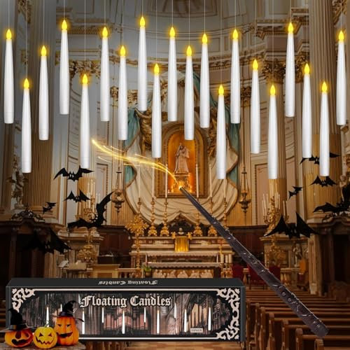 20 Stück Schwebende kerzen mit zauberstab und 6H Timerfunktion, flackernd stabkerzen mit fernbedienung,Schwimmende LED Kerzen Hängende Batteriebetriebene Kerze für Party, Halloween, Weihnachtsdeko