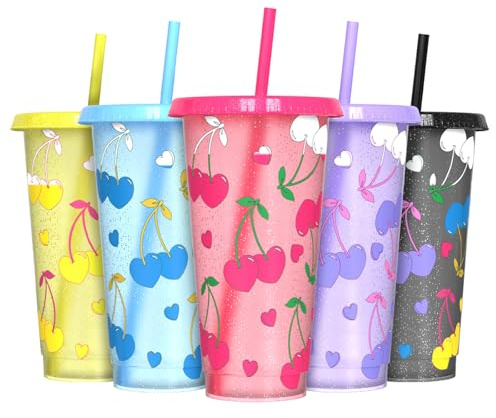 OZMOJOO Lot de 5 gobelets en plastique réutilisables avec couvercles et pailles à changement de couleur, sans BPA, robustes et de qualité alimentaire, parfaits pour le café glacé, les milkshakes et