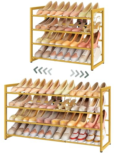 FAVOOSTY 4 Ebenen Schuhregal Metall Ausziehbares Gold, Verstellbar Platzsparend, Shoes Rack, Robustes Schuhständer für Eingangsbereich, Schlafzimmer (Gold, 4 Tier)