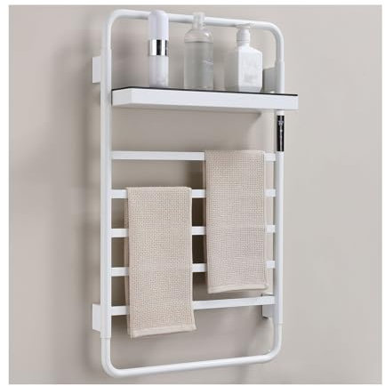 White,Hard wired,Electric Radiator Heated Towel Bar Stainless Steel,Heated Towel Drying Rack with Top Shelf,Wall Mounted Towel Warmer Rack for Bathroom