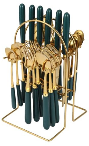 24-Piece Cutlery Set, Stainless Steel Cutlery Set with Stand, 24-Piece Home Safety Stainless Steel Silverware Set with Stand, Mirror Polishing Flatware Set Service (Gold+ Dark Green)
